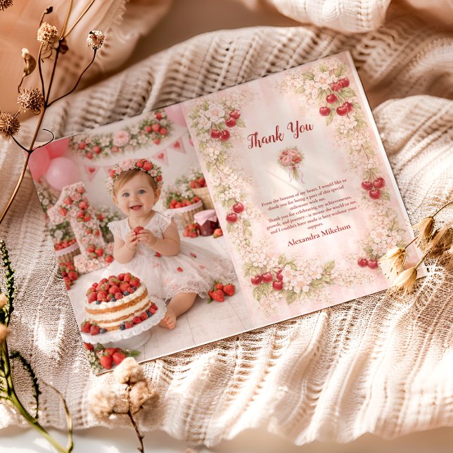 Photo Sweet Cherry Floral First Birthday 1st Birth Thank You Card (Creator Uploaded)