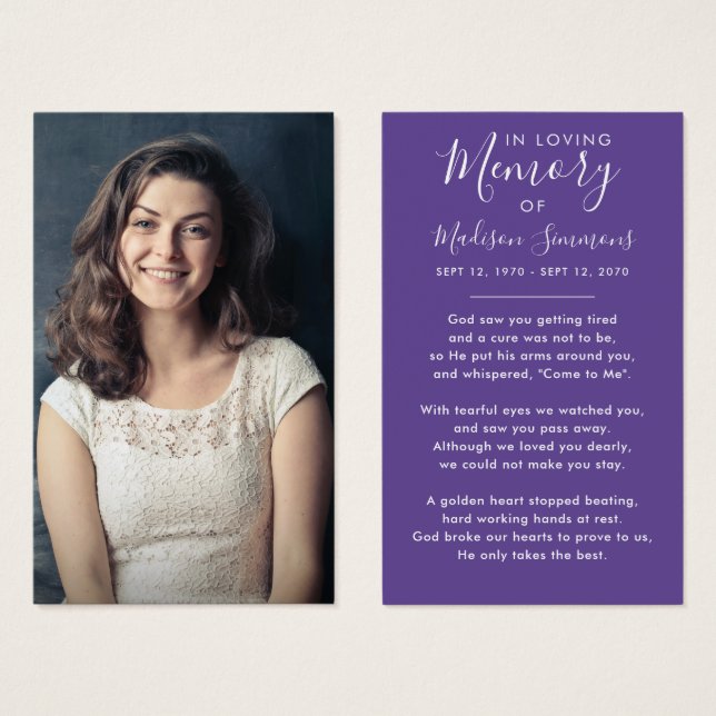 Photo Sympathy Funeral Memorial Purple Prayer Card (Front & Back)