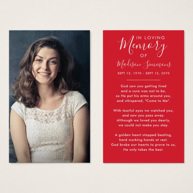 Photo Sympathy Funeral Memorial Red Prayer Cards (Front & Back)