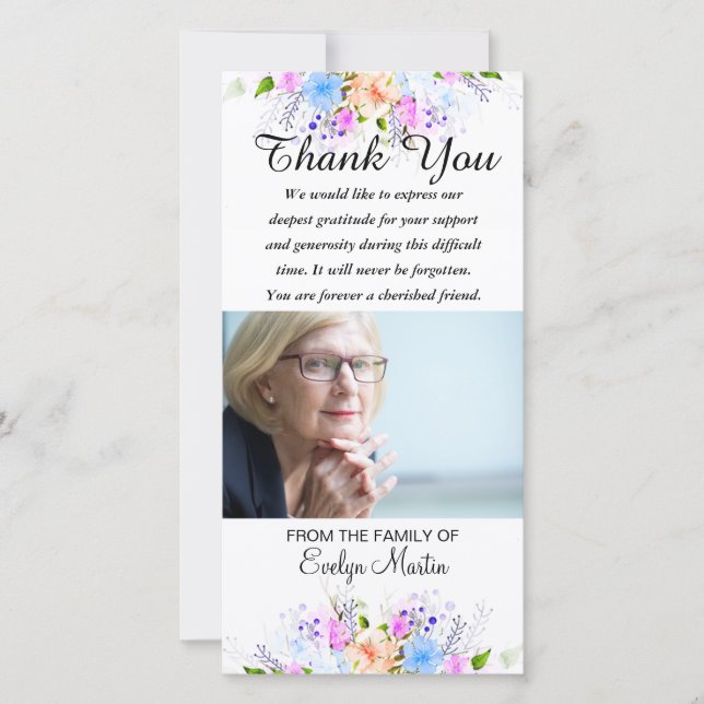 Photo Sympathy Memorial Thank You Floral Card (Front)