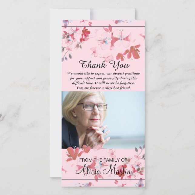 Photo Sympathy Memorial Thank You Pink Flowers Card (Front)
