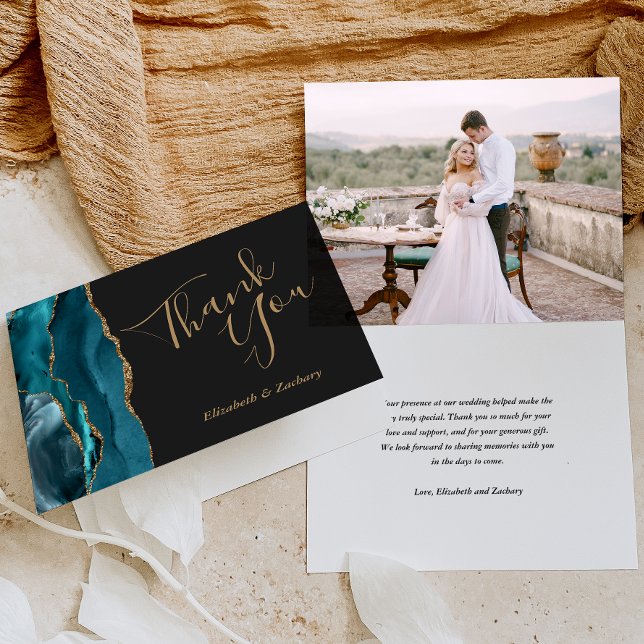 Photo Teal Agate Gold Dark Wedding Thank You Card (Creator Uploaded)