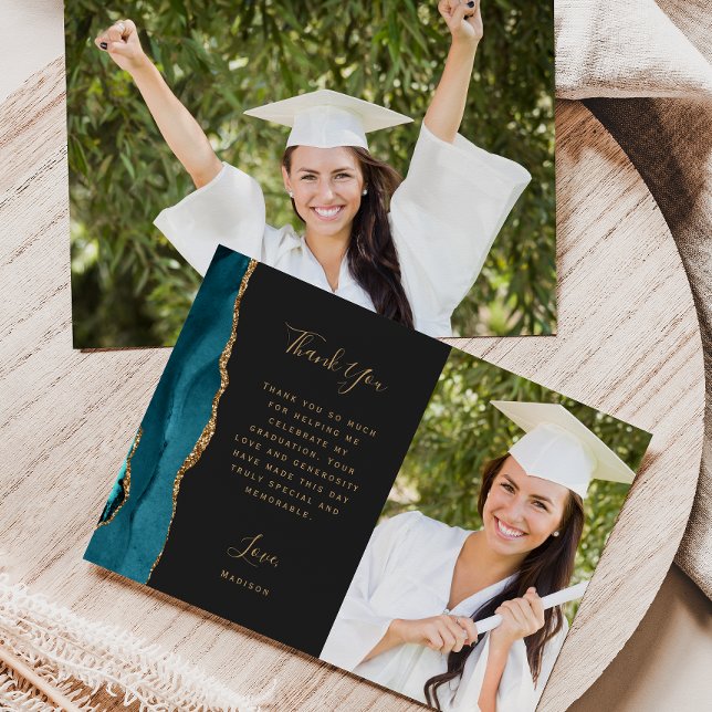 Photo Teal Agate Gold Script Dark Graduation Thank You Card (Creator Uploaded)