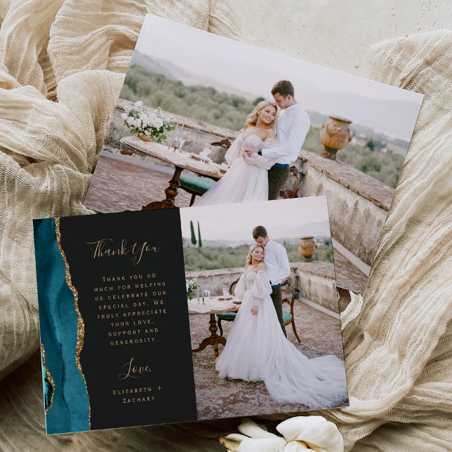 Photo Teal Blue Agate Gold Script Wedding Thank You Card (Creator Uploaded)