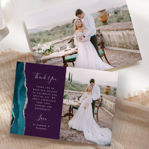 Photo Teal Blue Agate Purple Silver Script Wedding Thank You Card