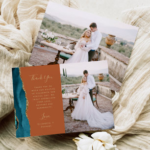 Photo Teal Blue Agate Rust Gold Script Wedding Thank You Card