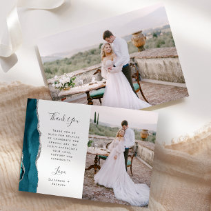 Photo Teal Blue Agate Silver Script Wedding Thank You Card