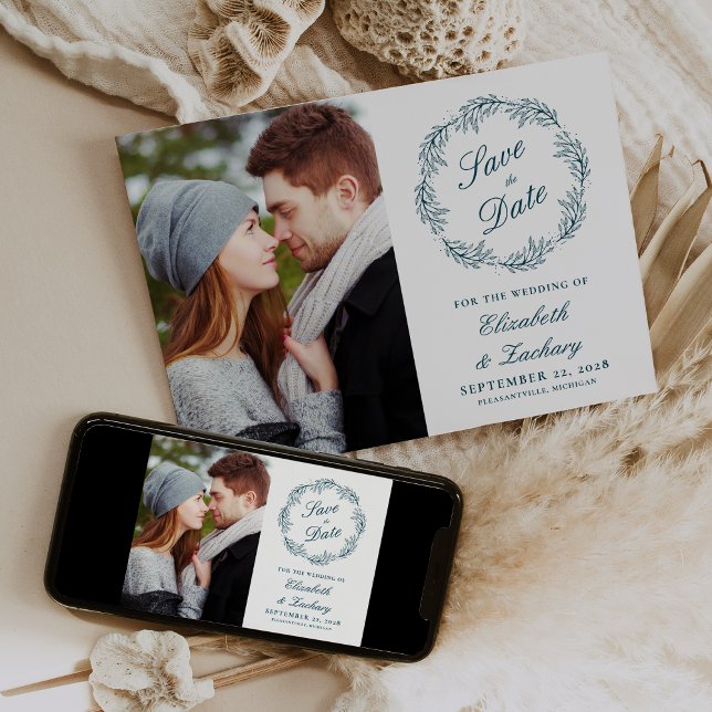 Photo Teal Blue Botanical Wreath Save the Date Invitation (Creator Uploaded)