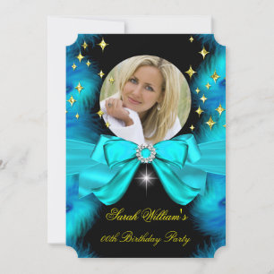 Photo Teal Blue Feathers Bow Gold Birthday Party Invitation