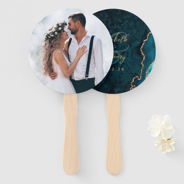 Photo Teal Blue Gold Agate Script Wedding Hand Fan (Front and Back)