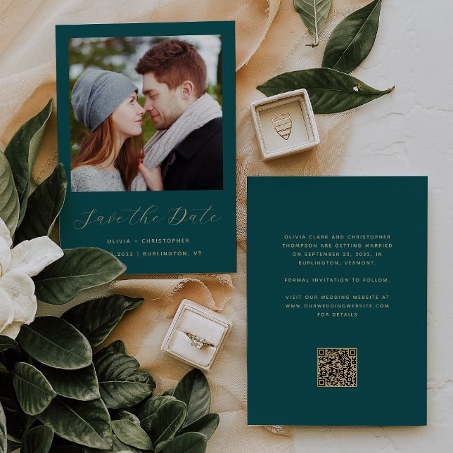Photo Teal Blue Gold Script QR Code Save The Date (Creator Uploaded)