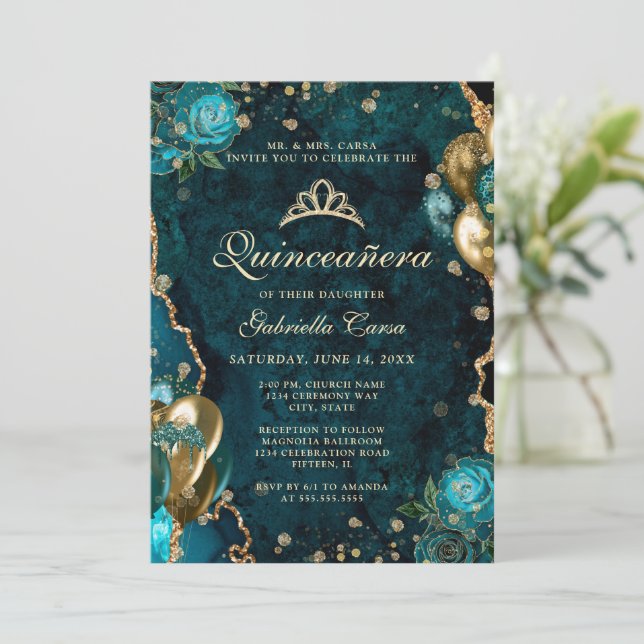 Photo Teal Gold Floral Agate Quinceanera  Invitation (Standing Front)