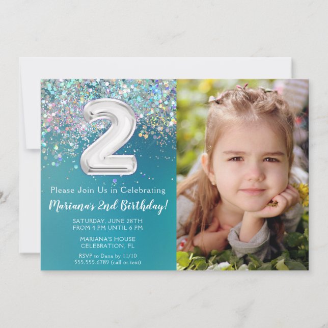 Photo Teal Silver Glitter 2nd Birthday Invitation (Front)