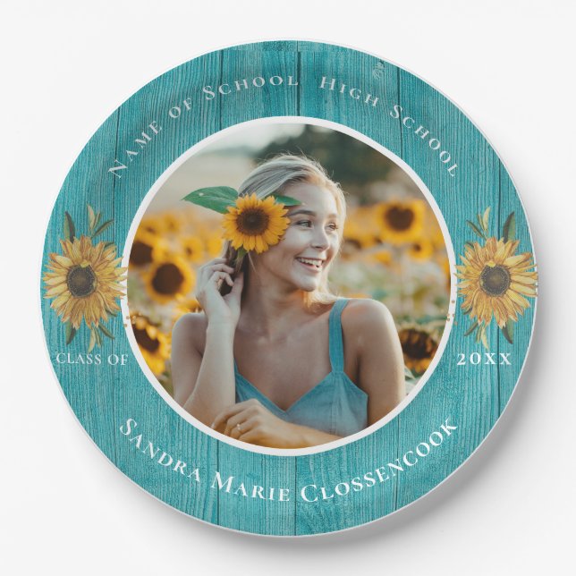  Photo Teal Sunflower Yellow graduation Party  Paper Plate (Front)