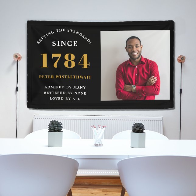Photo Template Birthday Party Black Gold Any Year  Banner (Black and gold birthday wall banner. Any age with photo template and easy to edit text.)