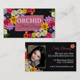 Photo Template Elegant Wildflowers Gold Black Cute Business Card
