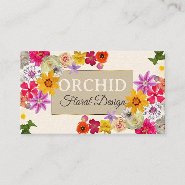 Photo Template Elegant Wildflowers Gold Cream Business Card (Front)