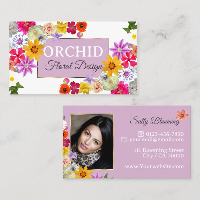 Photo Template Elegant Wildflowers Gold Lavender Business Card (Front/Back)