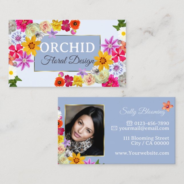 Photo Template Elegant Wildflowers Gold Light Blue Business Card (Front/Back)