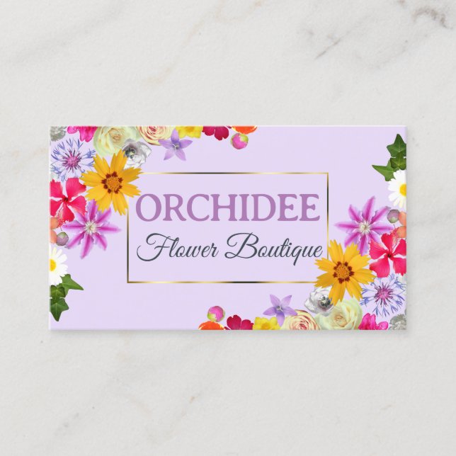 Photo Template Elegant Wildflowers Gold Lilac Chic Business Card (Front)