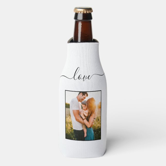 Photo Template Love Text White Beer Bottle Cooler (Bottle Front)