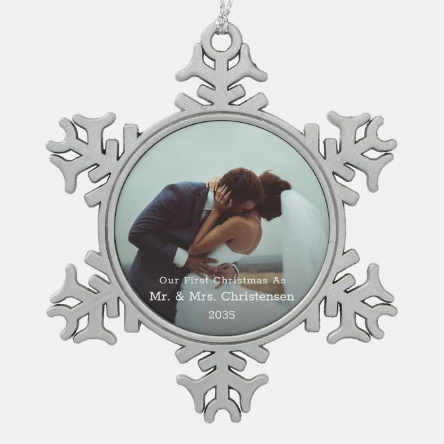 Photo Template Our First Christmas Married Merry  Snowflake Pewter Christmas Ornament (Front)