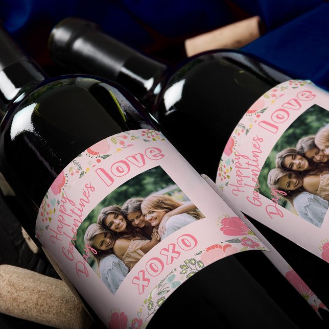 Photo template pink floral Happy Galentines Day Wine Label (Creator Uploaded)