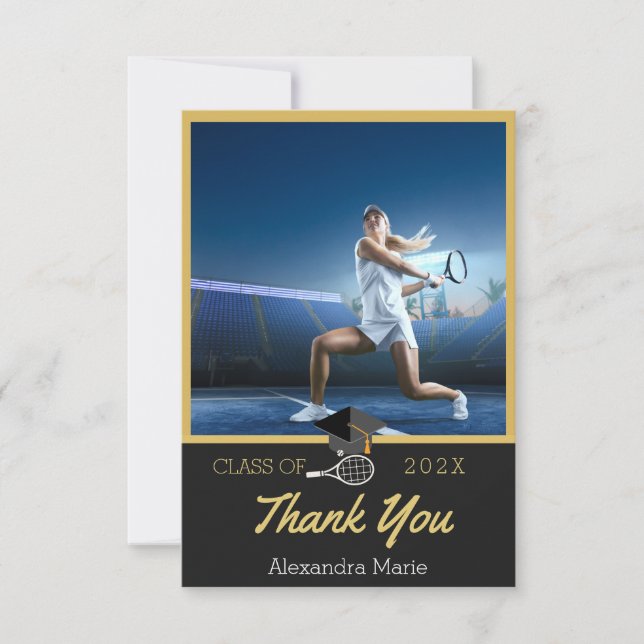 Photo Tennis player Black Gold  White graduation Thank You Card (Front)