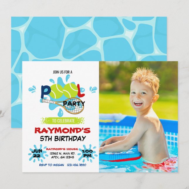 Photo Tennis Pool Party Birthday  Invitation (Front/Back)