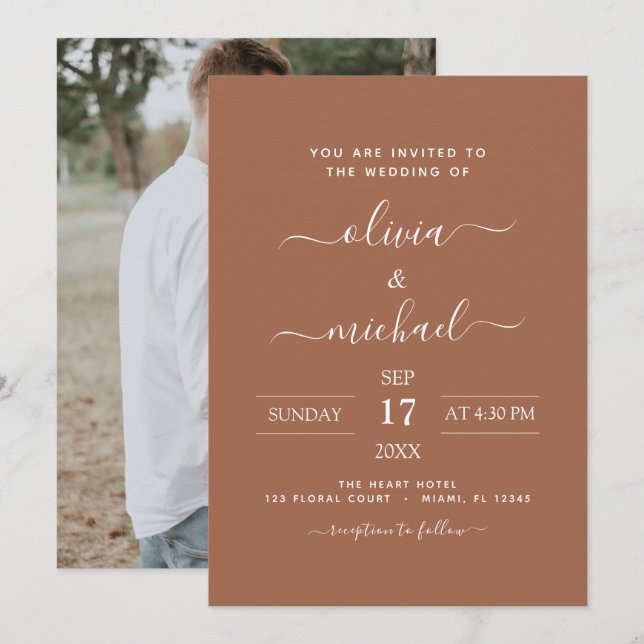 Photo Terra Cotta Boho Wedding Simple Invitation (Front/Back)