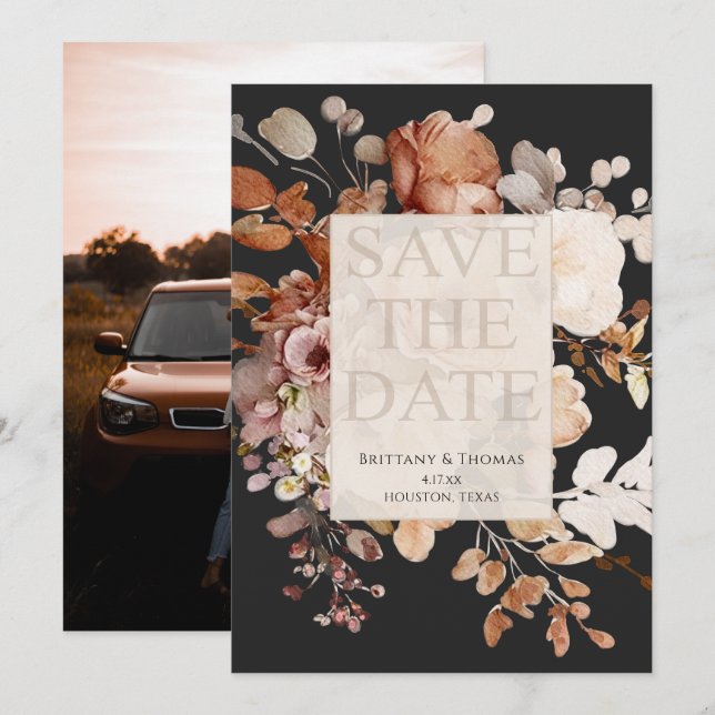 Photo Terracotta Floral on Black Save the Date Invitation (Front/Back)