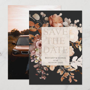 Photo Terracotta Floral on Black Save the Date Invitation