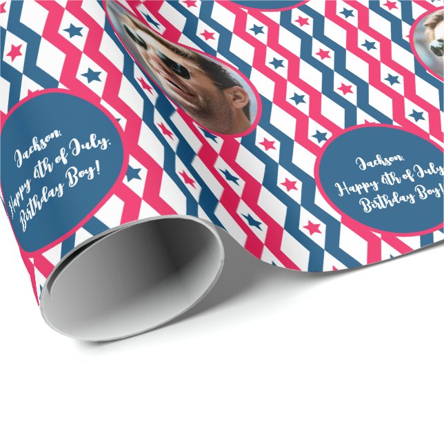 Photo Text Red Blue White 4th of July Diamond Wrapping Paper (Roll Corner)