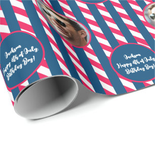 Photo Text Red Blue White 4th of July Striped Wrapping Paper