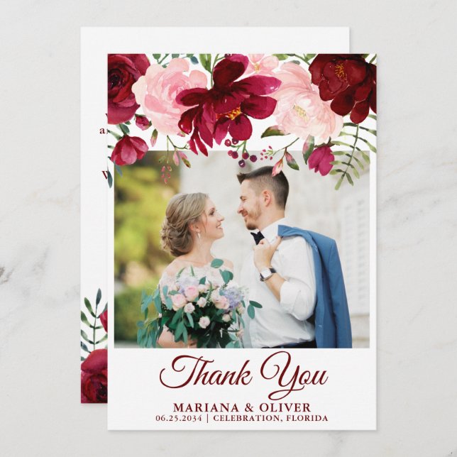 Photo Thank You Card Burgundy Pink Floral (Front/Back)