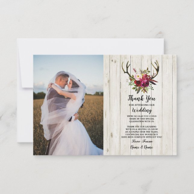 Photo Thank You Card Wedding Antler Floral Wood (Front)