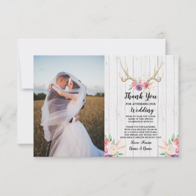 Photo Thank You Card Wedding Antler Floral Wood (Front)