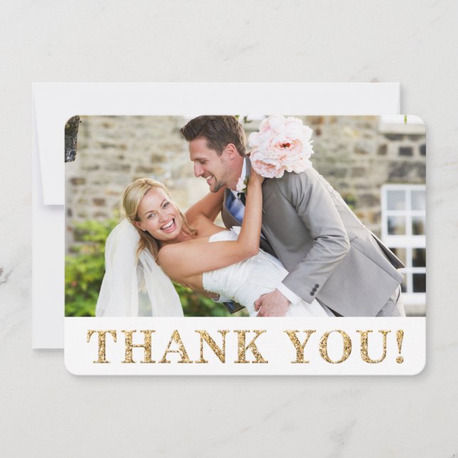 PHOTO THANK YOU cute gold glitter text wedding (Front)