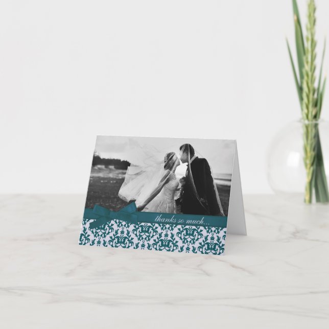 Photo thank you damask wedding deep teal card (Front)