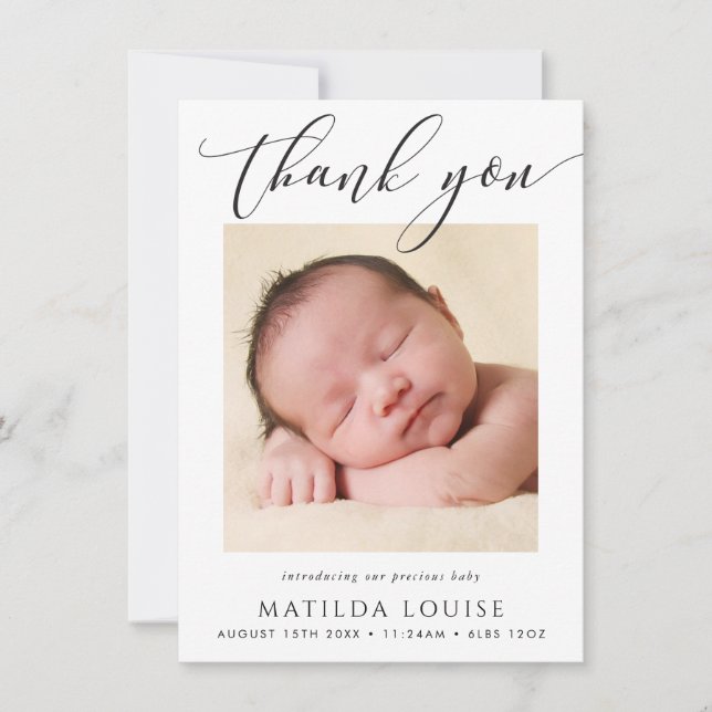 PHOTO THANK YOU elegant calligraphy new baby Card (Front)