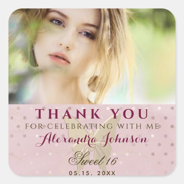 Photo Thank You , Girl Sweet 16 Rose Gold Square Sticker (Front)