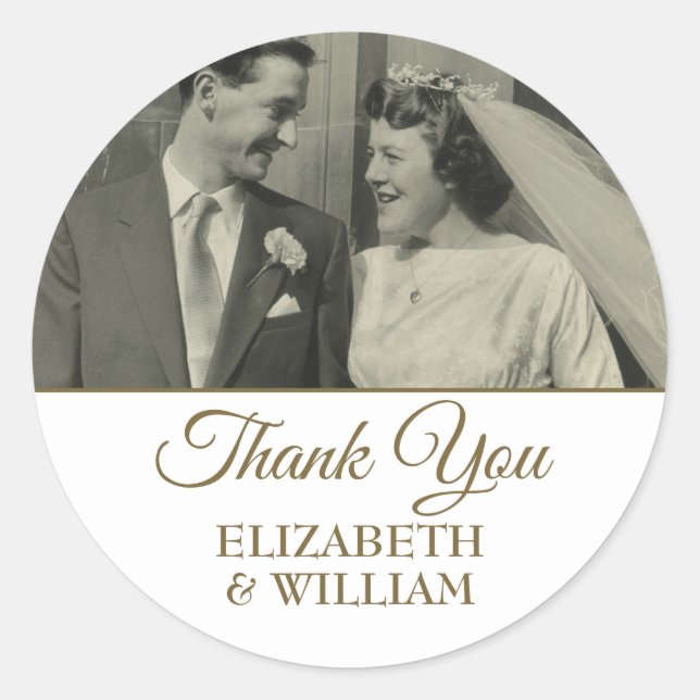Photo Thank You Golden Script Wedding Anniversary Classic Round Sticker (Front)