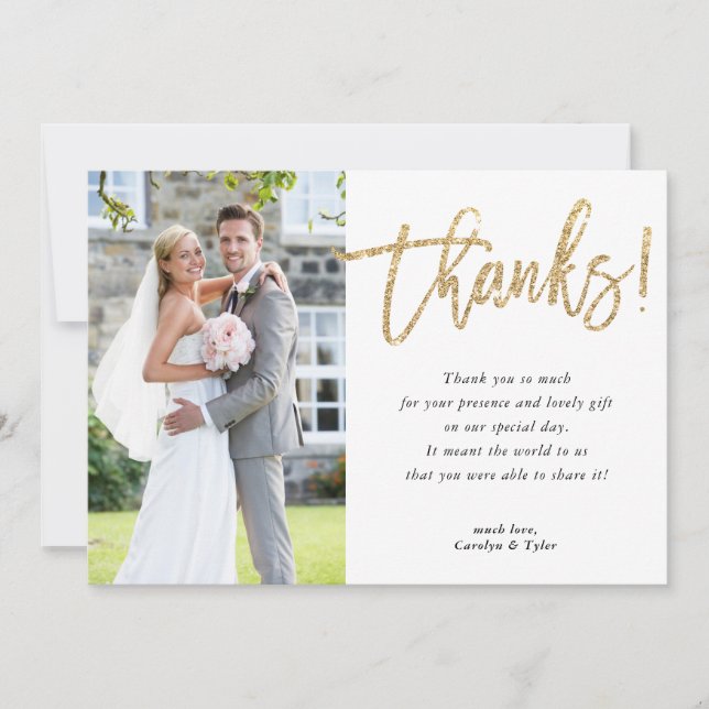 PHOTO THANK YOU modern glam gold glitter script Card (Front)