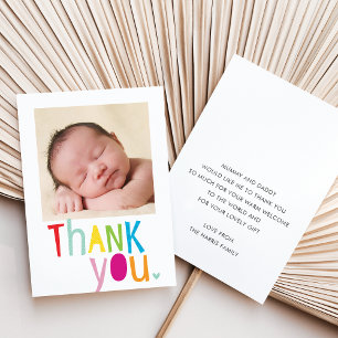 PHOTO THANK YOU modern new baby colourful type Card