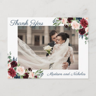 Photo Thank You Postcards with Marsala Navy Flower