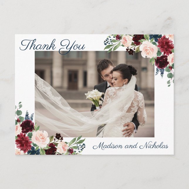 Photo Thank You Postcards with Marsala Navy Flower (Front)