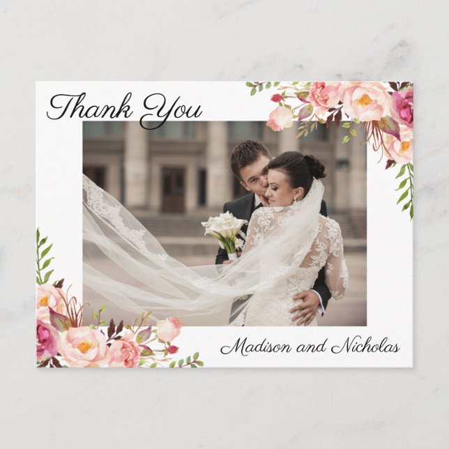 Photo Thank You Postcards with Rustic Pink Flowers (Front)