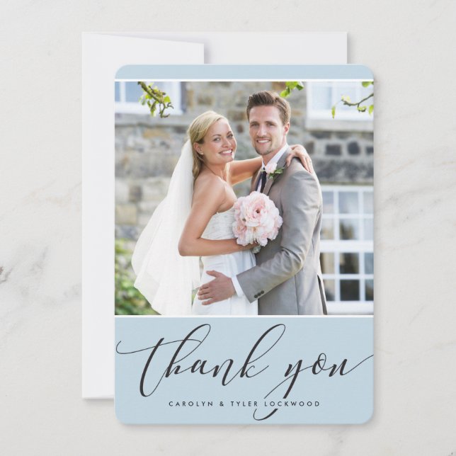 PHOTO THANK YOU pretty calligraphy pale blue (Front)