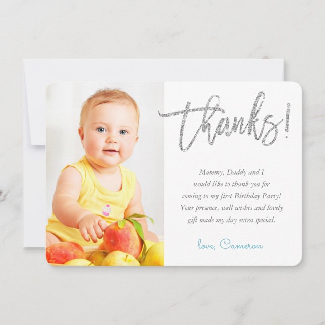 PHOTO THANK YOU pretty silver glitter script aqua (Front)