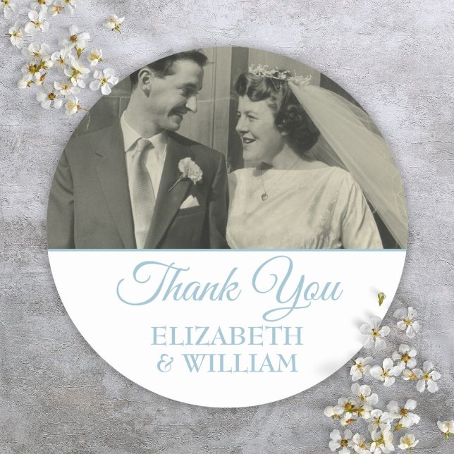 Photo Thank You Script Wedding Anniversary Classic Round Sticker (Photo Thank You Script Wedding Anniversary Classic Round Sticker)